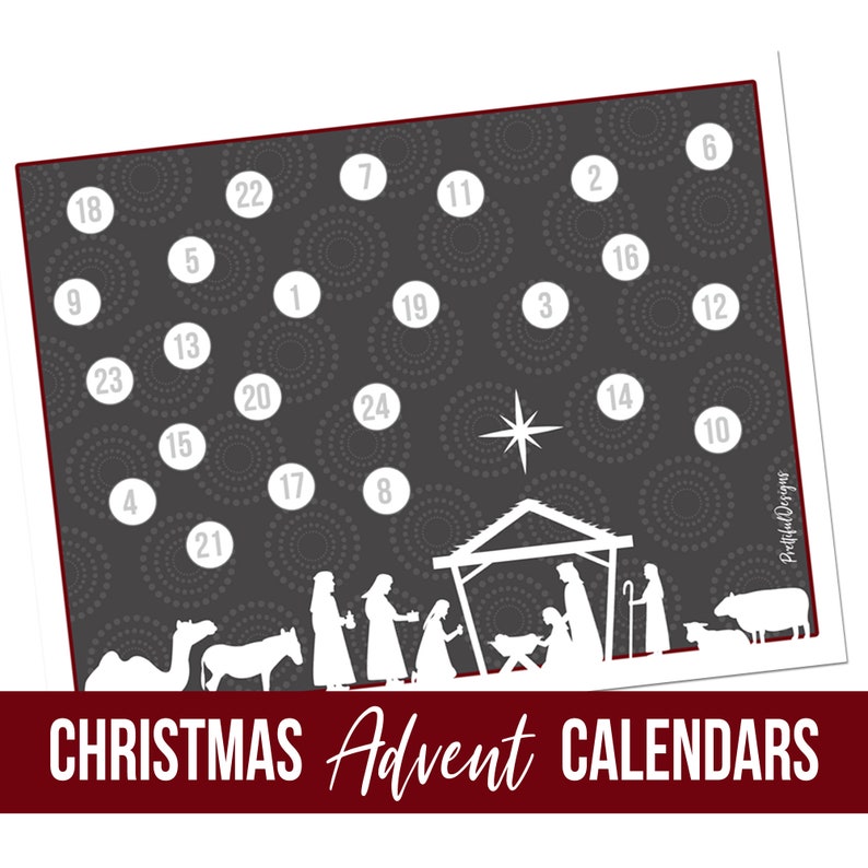 Puede incluir: Un calendario de Adviento navide&ntilde;o imprimible con un dise&ntilde;o de escena de la natividad en blanco y negro. Los n&uacute;meros del 1 al 24 est&aacute;n dispuestos en un c&iacute;rculo alrededor de la escena de la natividad. El texto "CHRISTMAS Advent CALENDARS" est&aacute; en la parte inferior de la imagen.