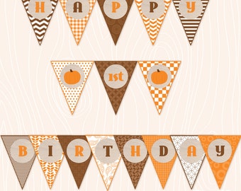 Autumn Happy 1st or 2nd Birthday Banner Orange Brown Burlap Fall INSTANT DOWNLOAD pdf File