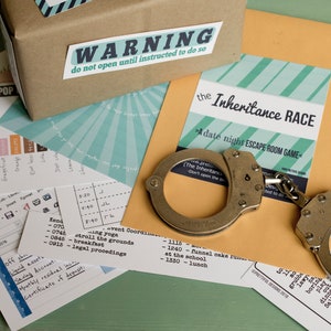 May include: A brown cardboard box with a warning label that says "do not open until instructed to do so". The box is surrounded by various papers, including a card with the text "the Inheritance RACE - A date night ESCAPE ROOM GAME" and a pair of silver handcuffs.