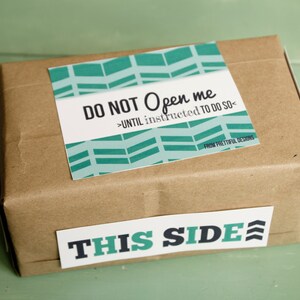 May include: A brown cardboard box with a teal and white patterned sticker that says "DO NOT Open me >UNTIL instructed TO DO SO< FROM PRETTIFUL DESIGNS". A white sticker with teal lettering says "THIS SIDE" on the bottom of the box.