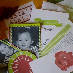 May include: A collection of Christmas-themed printable cards and papers featuring a red and green color scheme. The cards include the text "Santa's Sleigh", "The Nice List", "Pine Avenue", and "Hints".