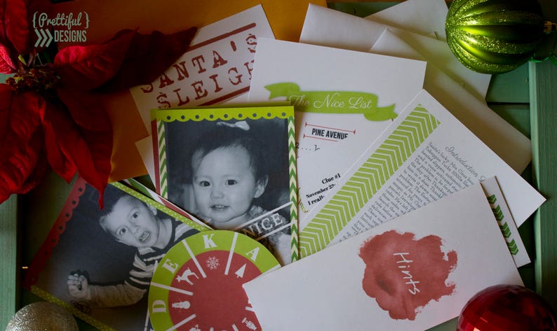 May include: A collection of Christmas-themed printable cards and papers featuring a red and green color scheme. The cards include the text "Santa's Sleigh", "The Nice List", "Pine Avenue", and "Hints".
