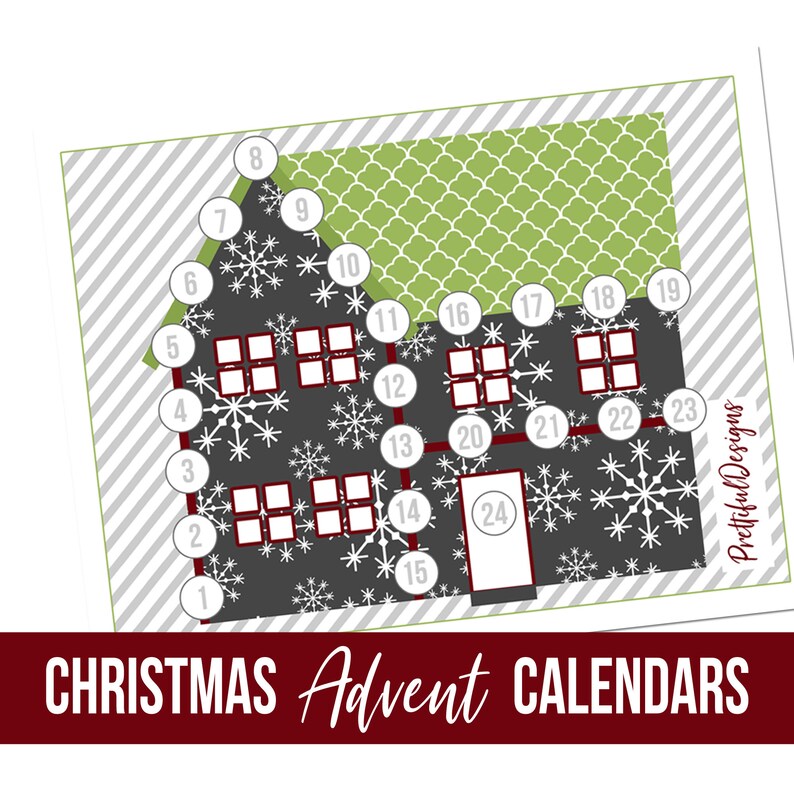 May include: A Christmas advent calendar in the shape of a house, featuring a green roof and a dark grey body adorned with snowflakes. The house has 24 numbered windows and the text "CHRISTMAS Advent CALENDARS" at the bottom.