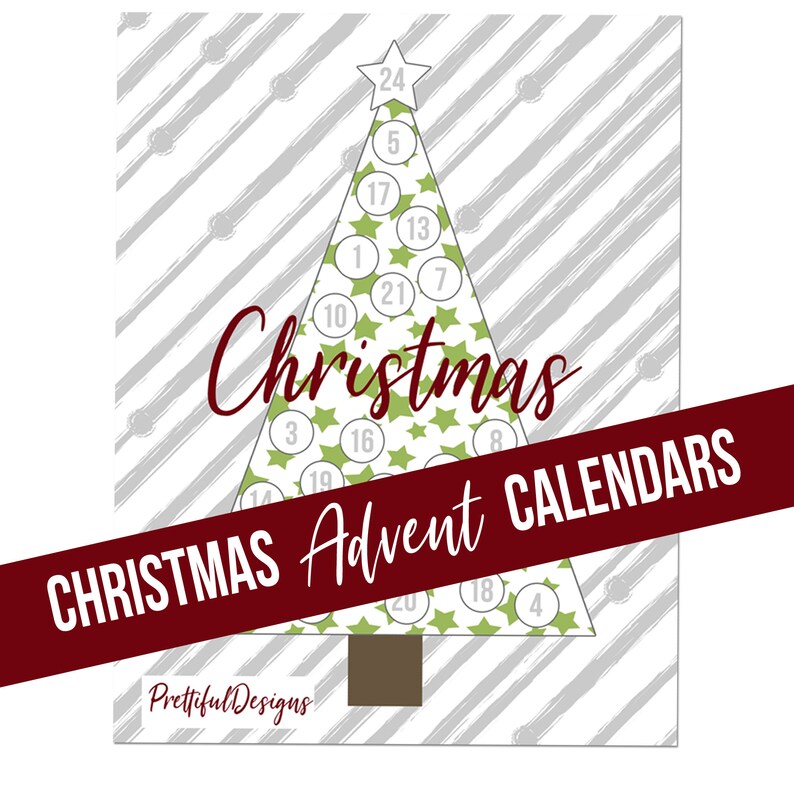 May include: Printable Christmas Advent Calendar with a green and white Christmas tree design. The numbers 1 through 24 are displayed in white circles on a green background. The text "CHRISTMAS Advent CALENDARS" is displayed in red across the bottom of the image.