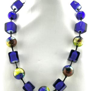Bold one-of-a-kind cobalt blue Venetian Murano glass handmade statement necklace with multicolor Machiavelli beads