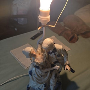 Vintage Porcelain Lamp Victorian Man Woman Blue White Works Figurine Table Light