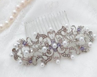 Art Deco styled amethyst violet wedding hair comb filigree Edwardian rhinestone hair comb Vintage inspired Downton Abbey 1920s bridal hair