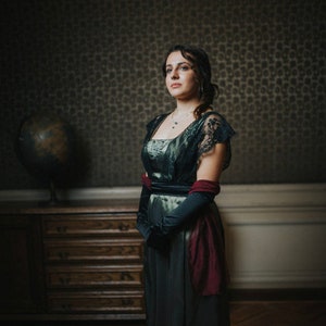 Vestido eduardiano verde talla grande con encaje negro para boda o cena del Titanic, Downton Abbey. Recuerdo de la moda de la época eduardiana.