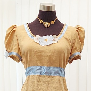 Regency dress with flowers - gold and blue - perfect for Jane Austen events and Bridgeton themed party Limited edition Handmade in England