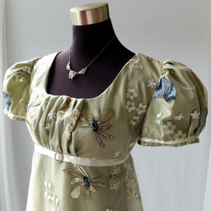 Midsummer Dream Regency dress Empire gown Jane Austen ball handmade in England Period drama Inspired Regency gown in Spring Green and blue