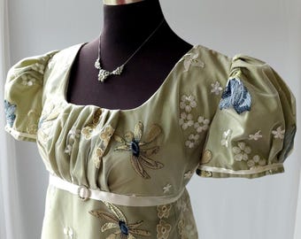 Green and Blue Regency Dress, Empire Waist Jane Austen Ball Gown