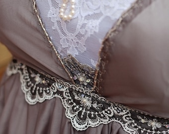 grey/silver edwardian dress BEAUTIFUL EDWARDIAN EMBROIDERED NET DRESS W LACE INSERTION + EMBROIDERY