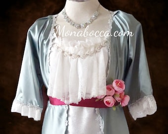 Custom made Edwardian dress white silver light teal gown. Promenade gown.  Limited edition - just one piece!