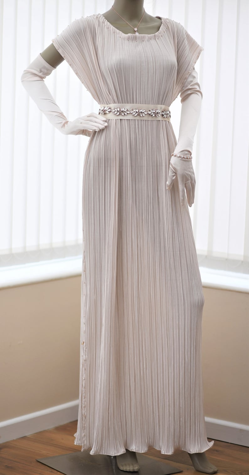 1920s Wedding Dresses- Art Deco Wedding Dress, Gatsby Wedding Dress Cream Pleated wedding dress Downton Abbey Lady Mary pleated dress Chiton Delphos gown Edwardian 20s 30s gown Alternative wedding dress  AT vintagedancer.com