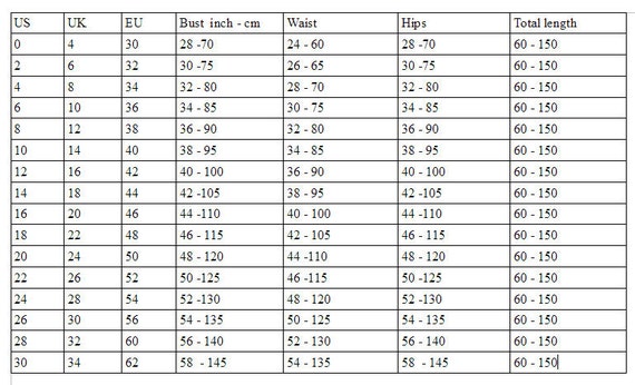 Etsy Size Chart