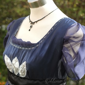 Bridgerton dress with train Navy plus size Regency dress Empire gown Jane Austen ball dress in midnight blue handmade in England
