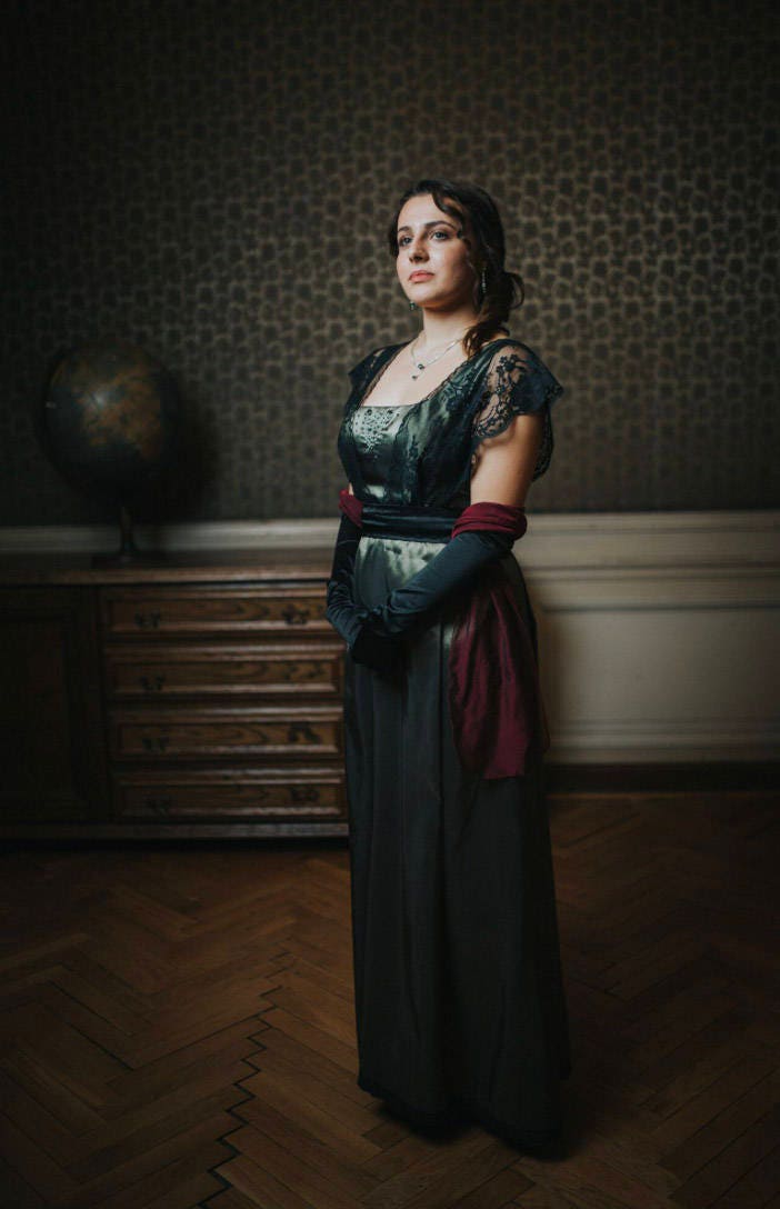 Edwardian Dress olive sage green Titanic dinner Downton Abbey vintage styled lace bridesmaids dress Treasured by many