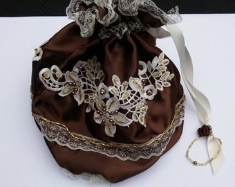Chocolade ivoor handgemaakte steampunk tas, steampunk tas, trekkoord tas, bruiloft tas, Regency portemonnee, kralen bruiloft portemonnee, reticule
