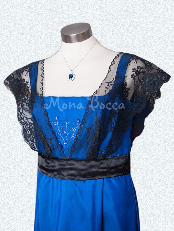 Edwardian Dress Plus Size Handmade in England Royal Blue Titanic Downton Abbey Vintage Styled With Black Lace Swarovski Crystals Treasured Etsy UK