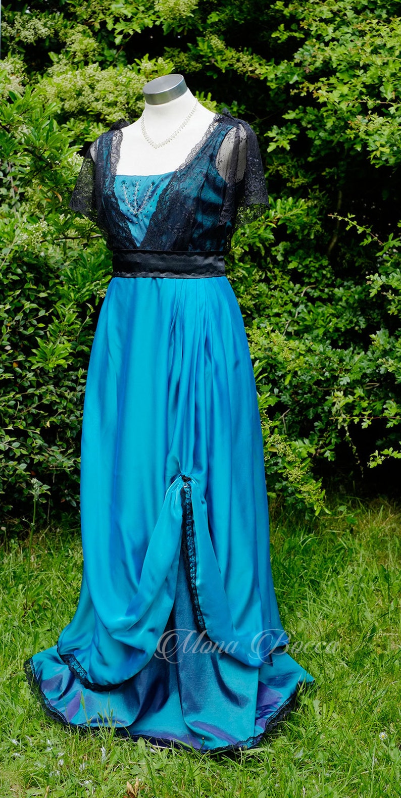 Period Dress in Turqouise With Black Lace Edwardian Dress Etsy