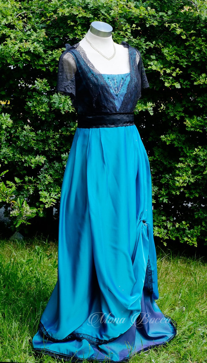 Period Dress in Turqouise With Black Lace Edwardian Dress Etsy