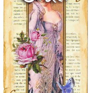 May include: A vintage-style image with a woman in a purple dress, surrounded by pink roses and a blue butterfly. The text "Rush Order" is written in a decorative font.