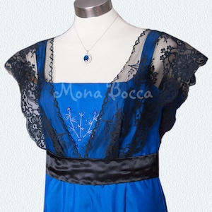 Edwardian Dress handmade in England royal blue Titanic Downton Abbey vintage styled with black lace and Swarovski crystals