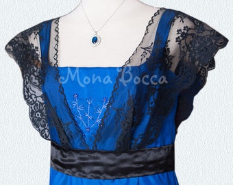 Edwardian Dress handmade in England royal blue Titanic Downton Abbey vintage styled with black lace and Swarovski crystals