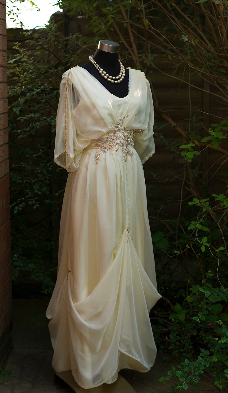 Edwardian Ladies Clothing – 1900, 1910s, Titanic Era Edwardian era dress plus size Downton Abbey inspired. Alernative yellow cream wedding dress for Titanic Steampunk themed wedding $373.00 AT vintagedancer.com