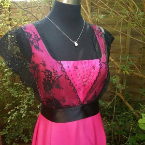 Fuchsia dress with black lace in Edwardian fashion style for hot pink Bridesmaids dress with separate lace wrap top.