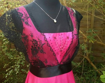 Fuchsia dress with black lace in Edwardian fashion style for hot pink Bridesmaids dress with separate lace wrap top.