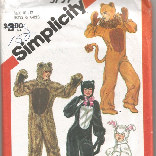 5739 Simplicity Sewing Pattern Cat Lion Bear Bunny Boys Girls Costumes Size 10/12 Vintage 1980s Childrens Halloween