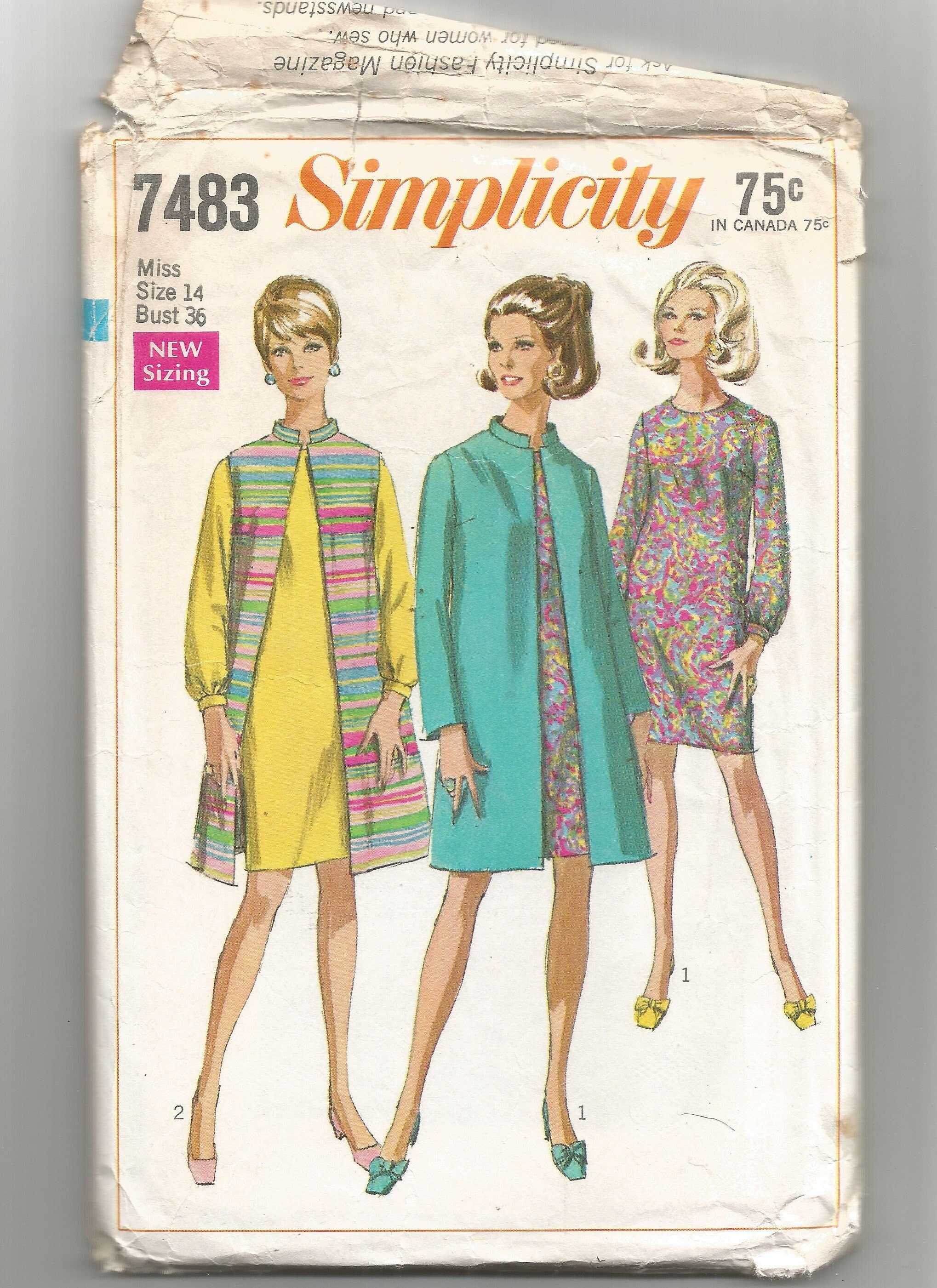 7483 Simplicity Sewing Pattern Coat Dress Size 14 Vintage 1960s