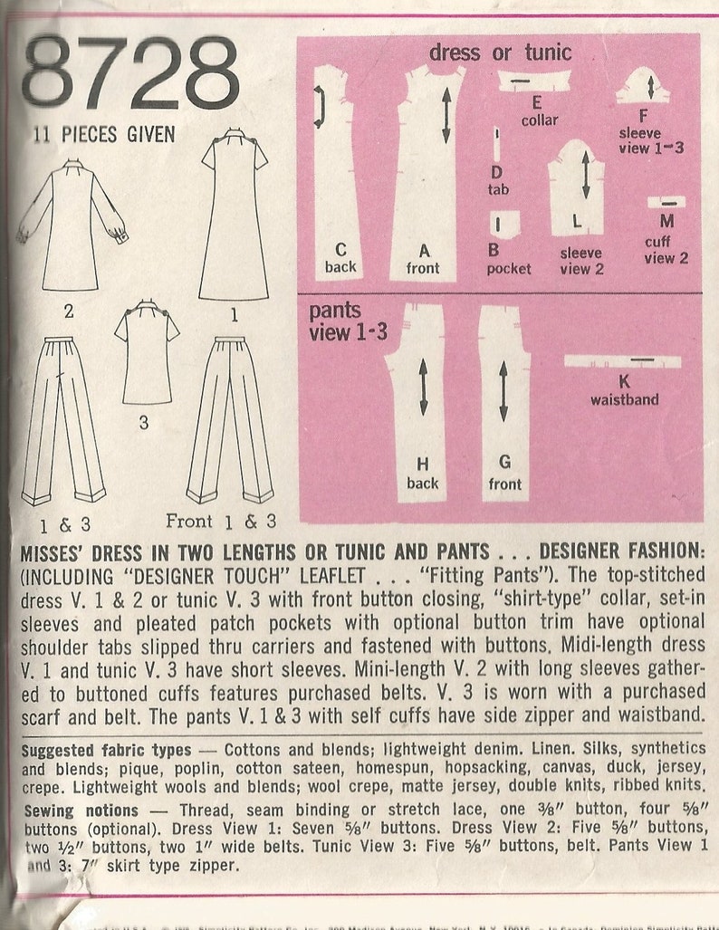 8728 Simplicity Sewing Pattern Designer Fashion Dress Tunic | Etsy