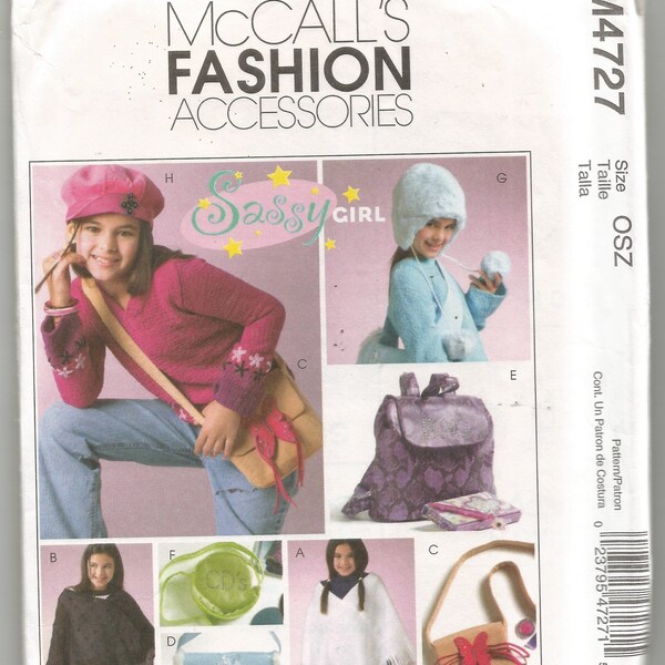 4727 McCalls Sewing Pattern Fashion Accessories Girls Poncho Purse Messenger Bag Backpack Case Hats Childs