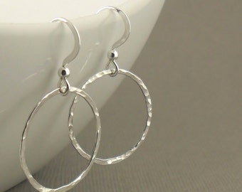 Hammered Hoop Sterling Silver Earrings, Modern Simple Drop Earrings, Handmade Sterling Silver Jewellery