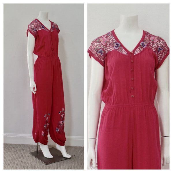 Pink Open Work Jumpsuit/ Balinese Floral Lace Outfit/ Size Small Medium