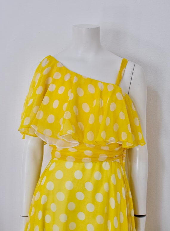 70s Ruffle Midi Dress/ Yellow Polka Dot French Gi… - image 2