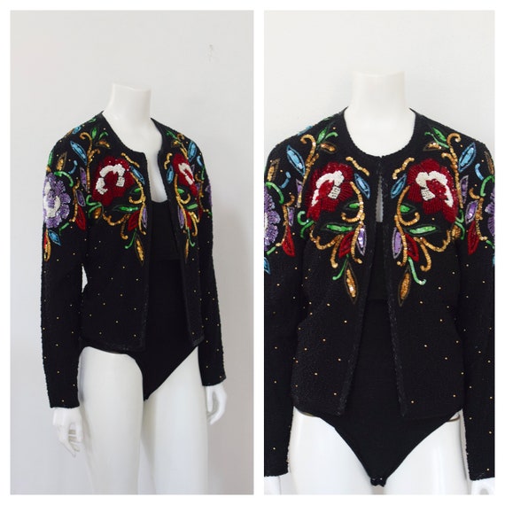 Floral Sequined Evening Jacket/ Beaded Trophy Jac… - image 1