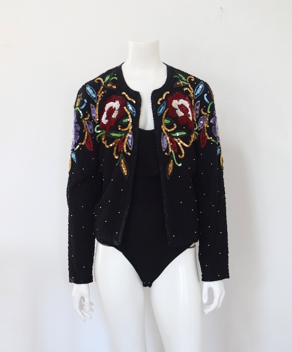 Floral Sequined Evening Jacket/ Beaded Trophy Jac… - image 2