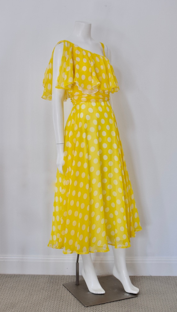 70s Ruffle Midi Dress/ Yellow Polka Dot French Gi… - image 3