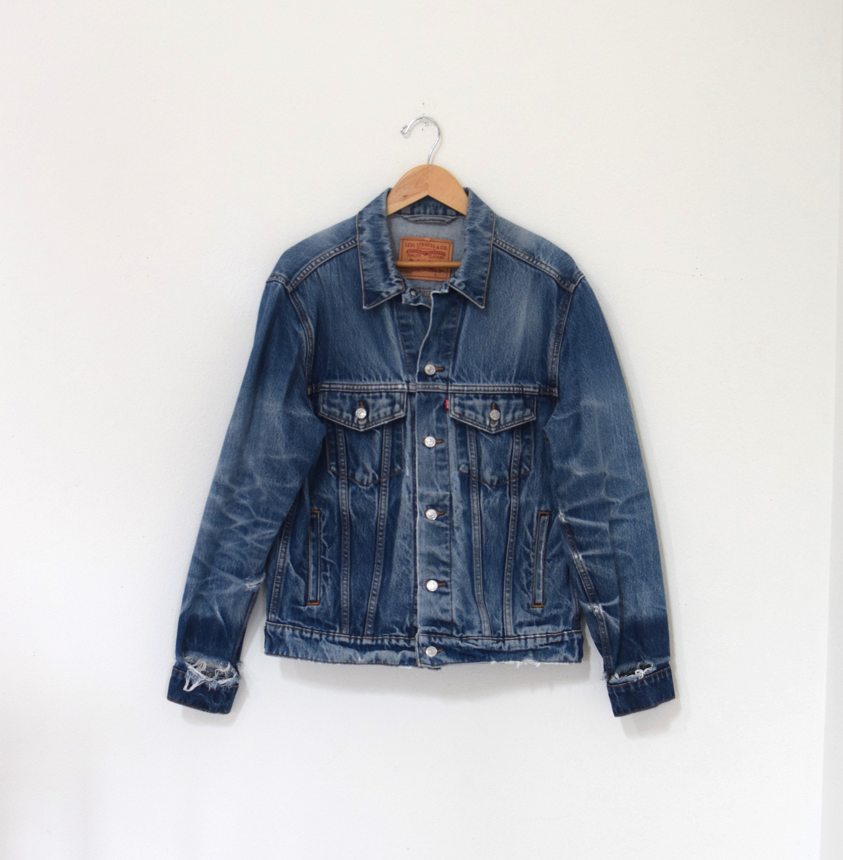 trashed denim + hoodie Trashed denim jacket | Etsy