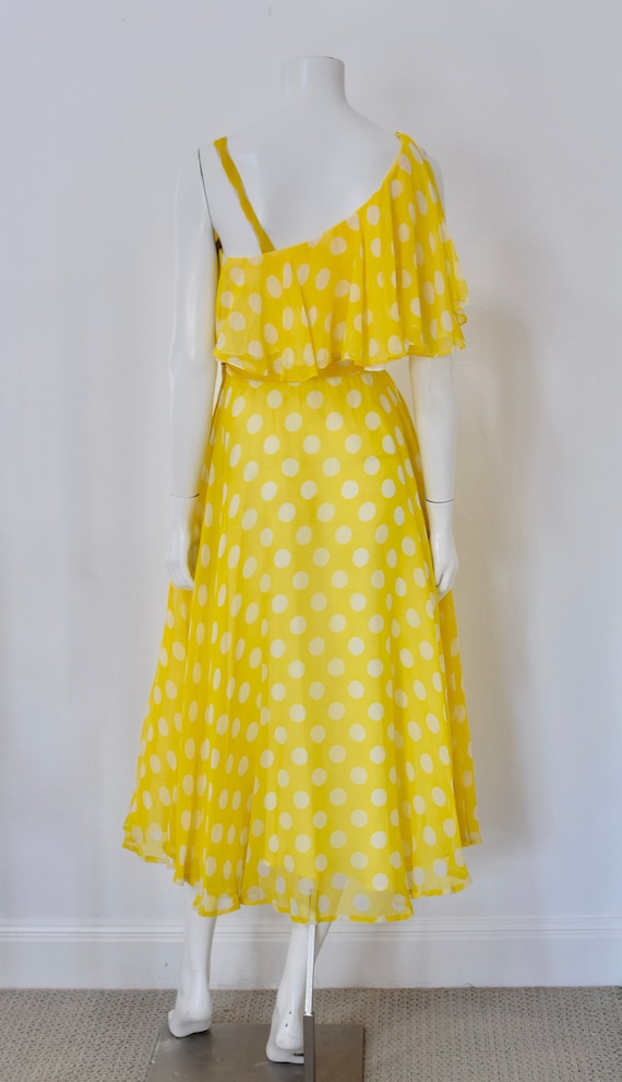 70s Ruffle Midi Dress/ Yellow Polka Dot French Gi… - image 5