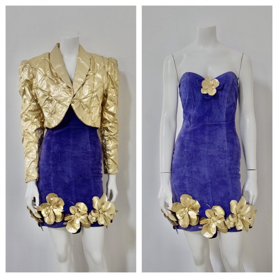 80s Purple Suede Stapless Dress/ Gold Lame Jacket… - image 1