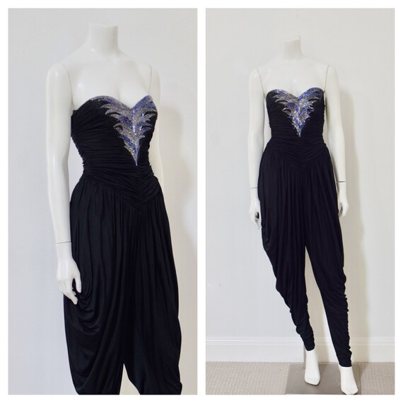 80s Casadei Stapless Jumpsuit/ 1980s Sequined Hare