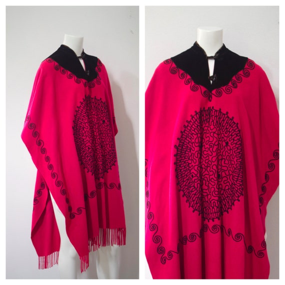 70s Embroidered Woven Wool Cape/ Pink Boho Poncho