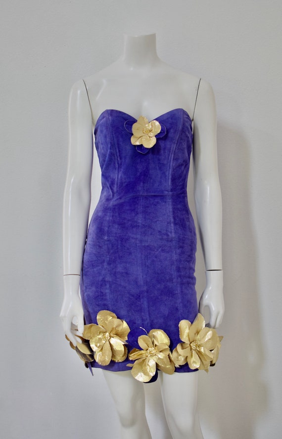 80s Purple Suede Stapless Dress/ Gold Lame Jacket… - image 2