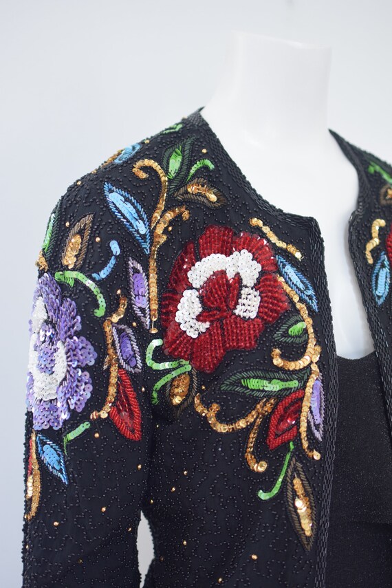 Floral Sequined Evening Jacket/ Beaded Trophy Jac… - image 3