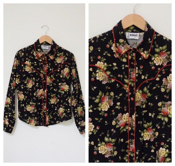 Women's Floral Print Western Shirt/ 80s Banjo Cowb