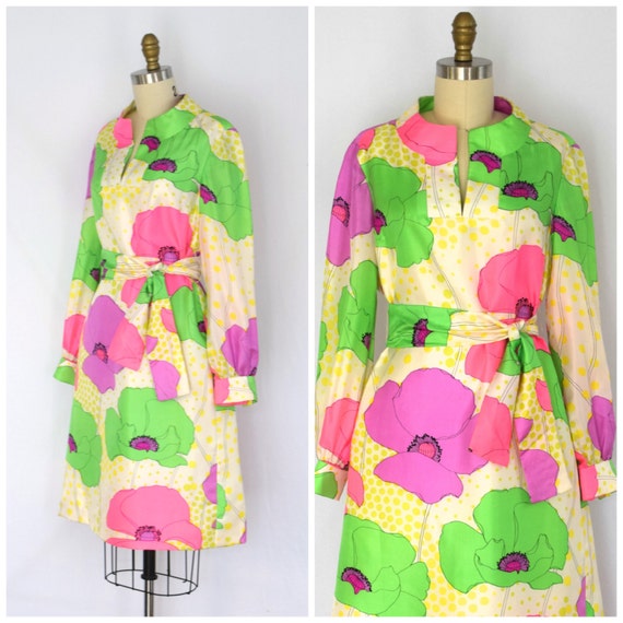 Pop Print BH Wragge Dress/ 70s Acid Floral Pattern